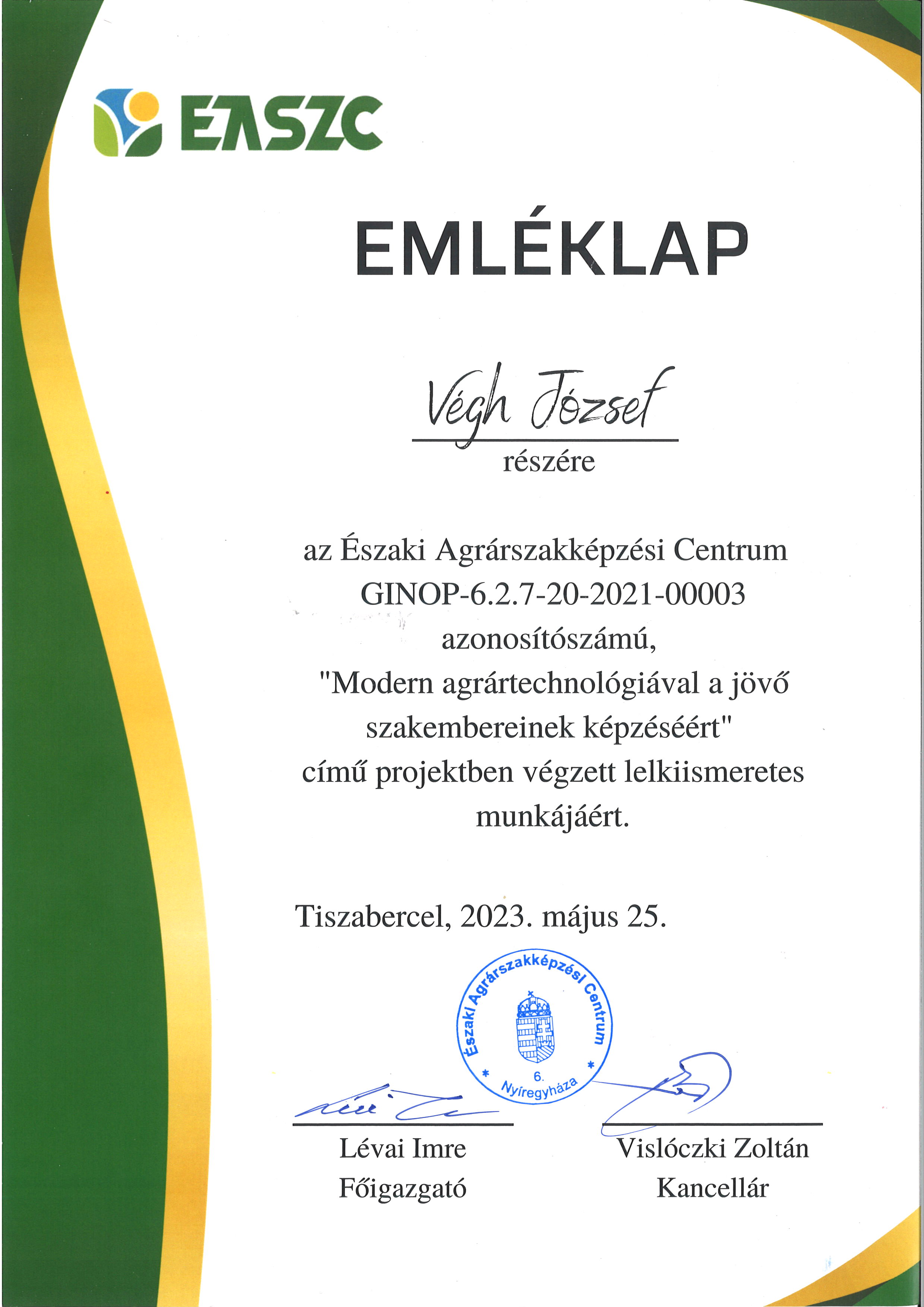 EMLÉKLAP - Északi Agrárszakképzési Centrum 2023